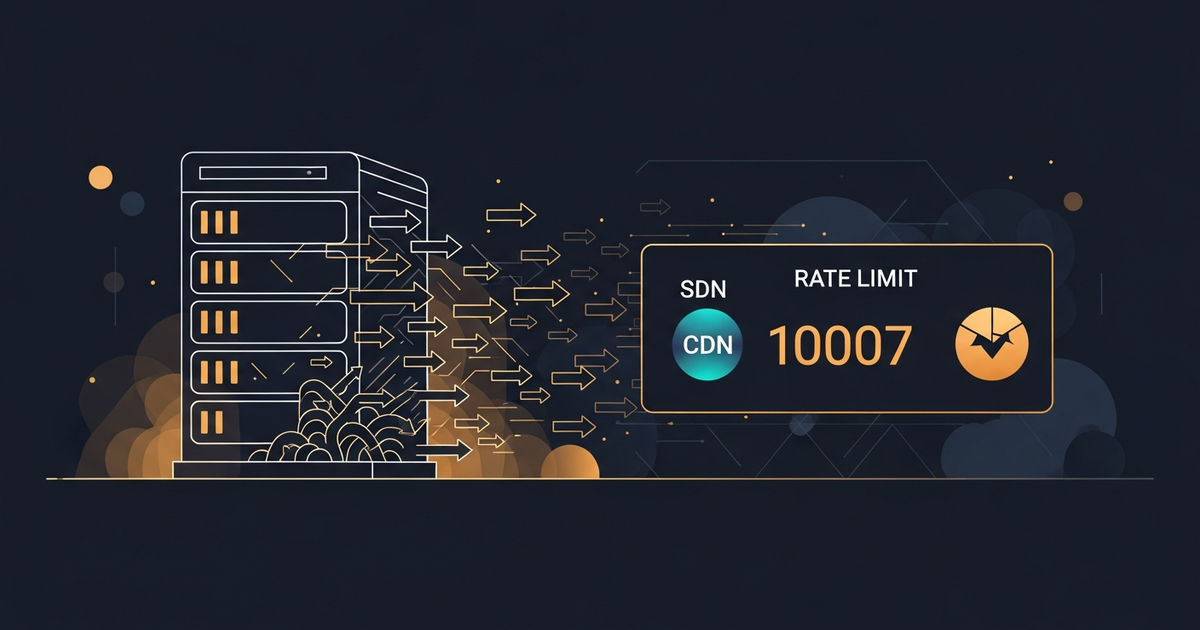 Um servidor reiniciando sob enxurrada de requisições, com um limitador contando o IP errado (o da CDN) em vez do atacante