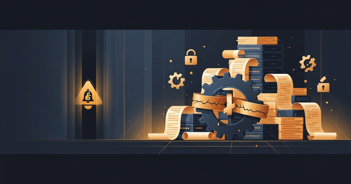 Ilustração de arquivos de log transbordando porque a engrenagem de rotação travou, com um alerta silenciado