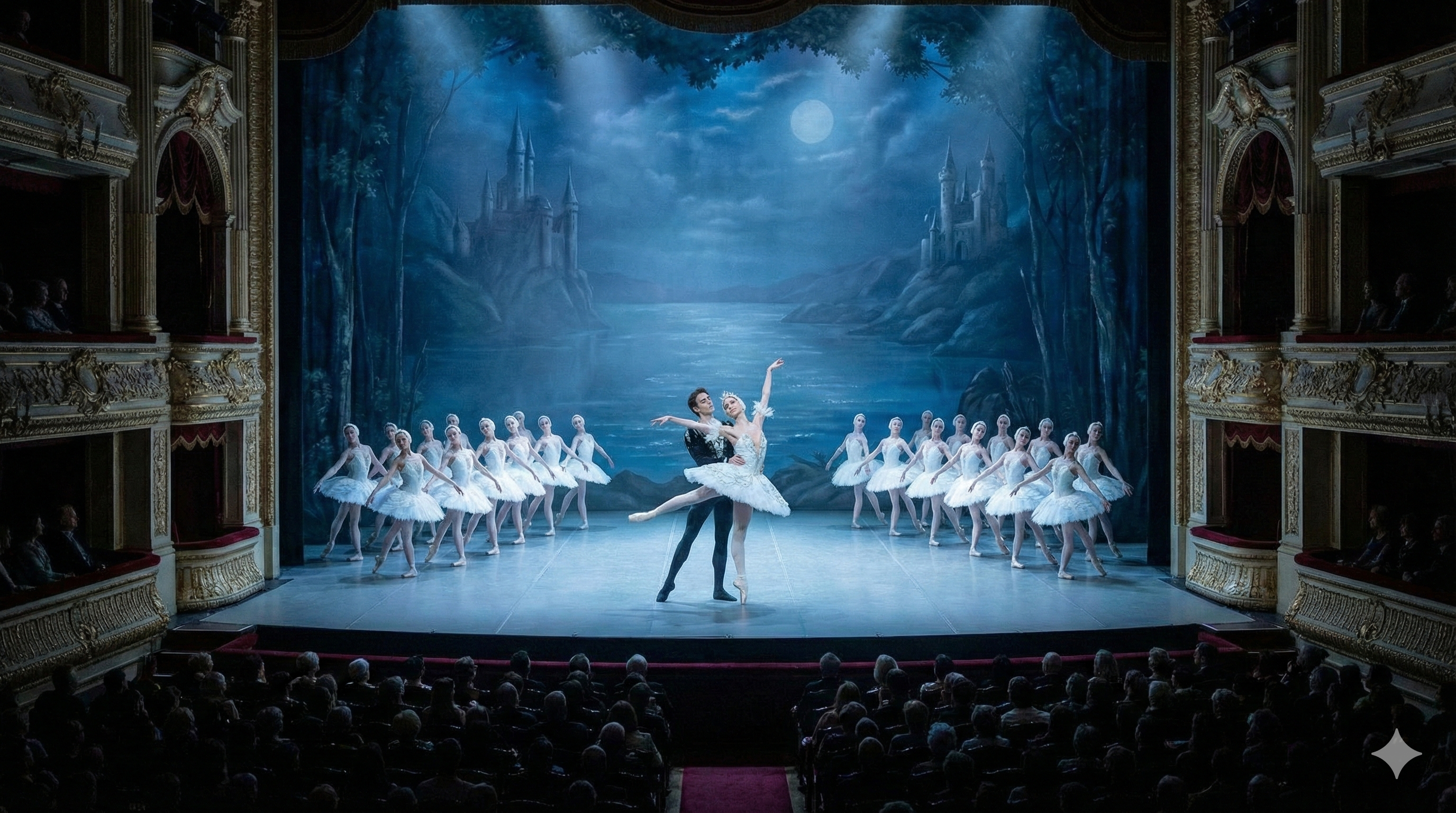 Dansend koppel op het podium in een volle theaterzaal