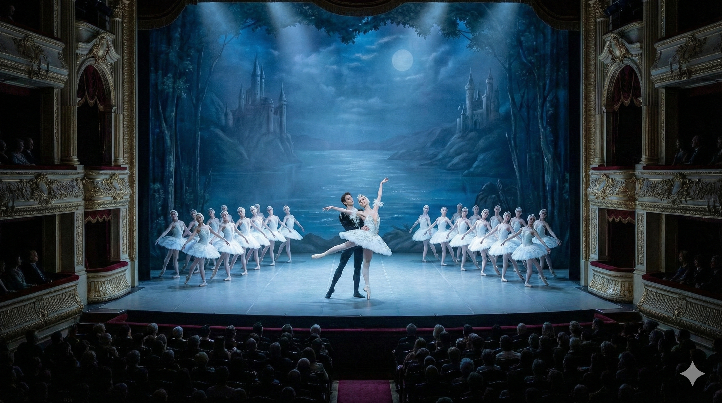 Dansend koppel op het podium in een volle theaterzaal
