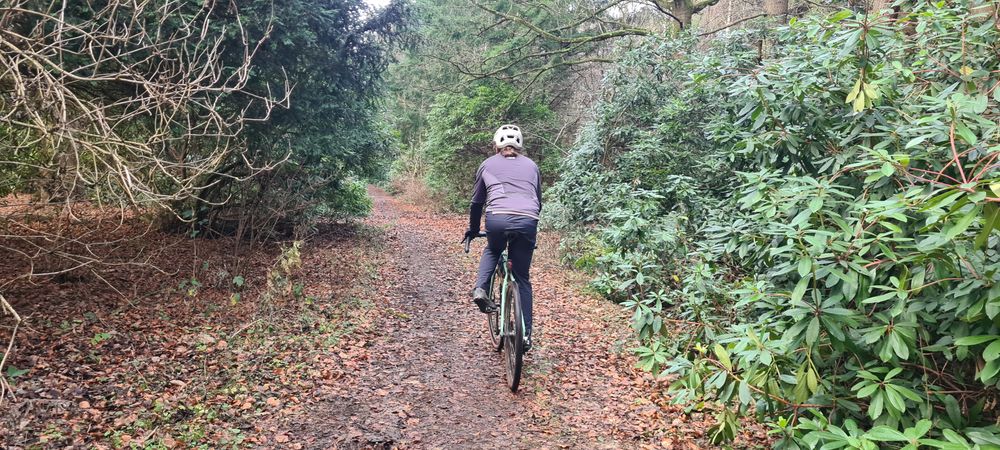 photo of a cyclist on a muddy track cycling through Belmont woods near Meigle