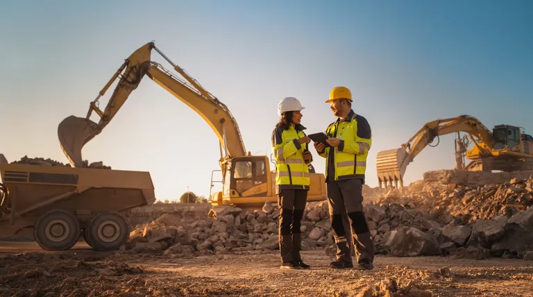 woman and man with tractors on construction site