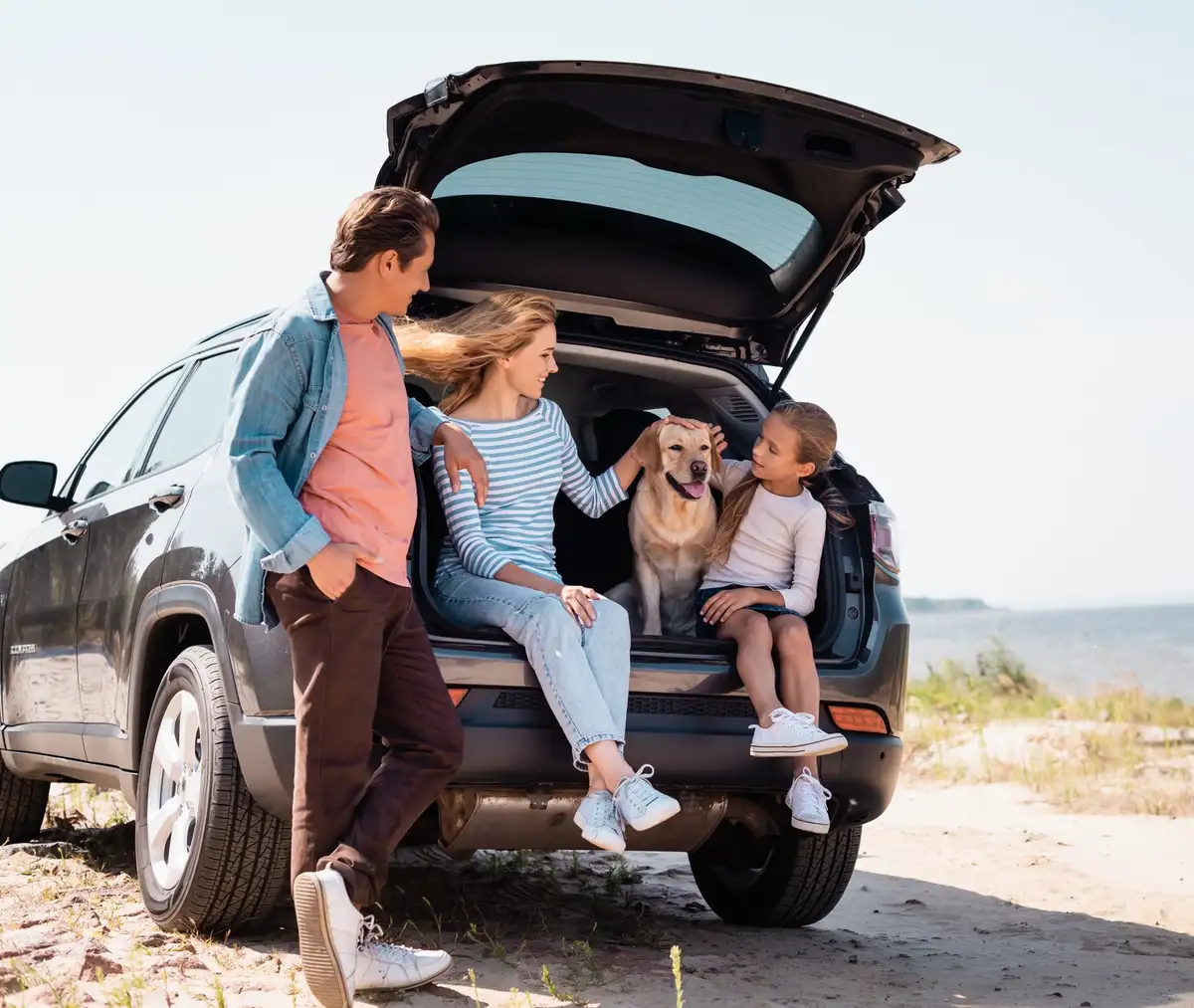 family sitting in open boot of car with adorable dog