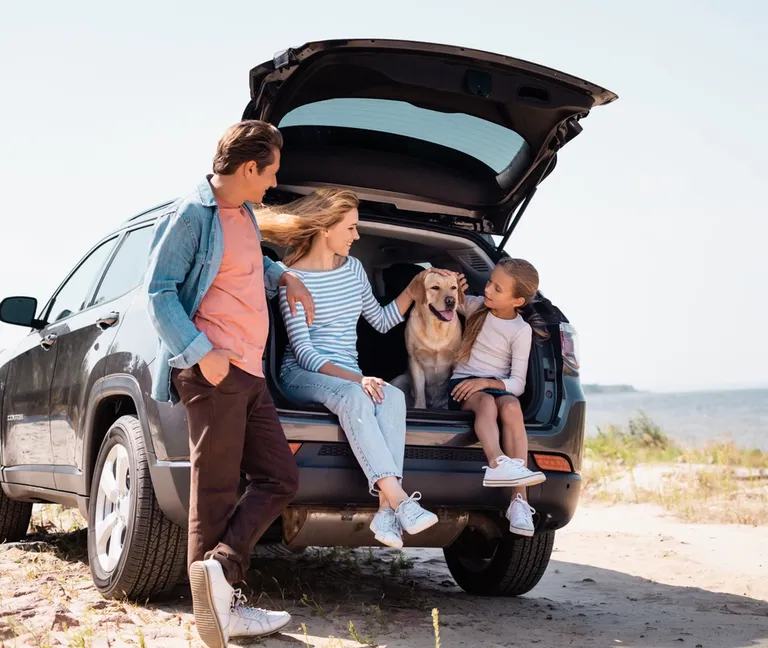 family sitting in open boot of car with adorable dog
