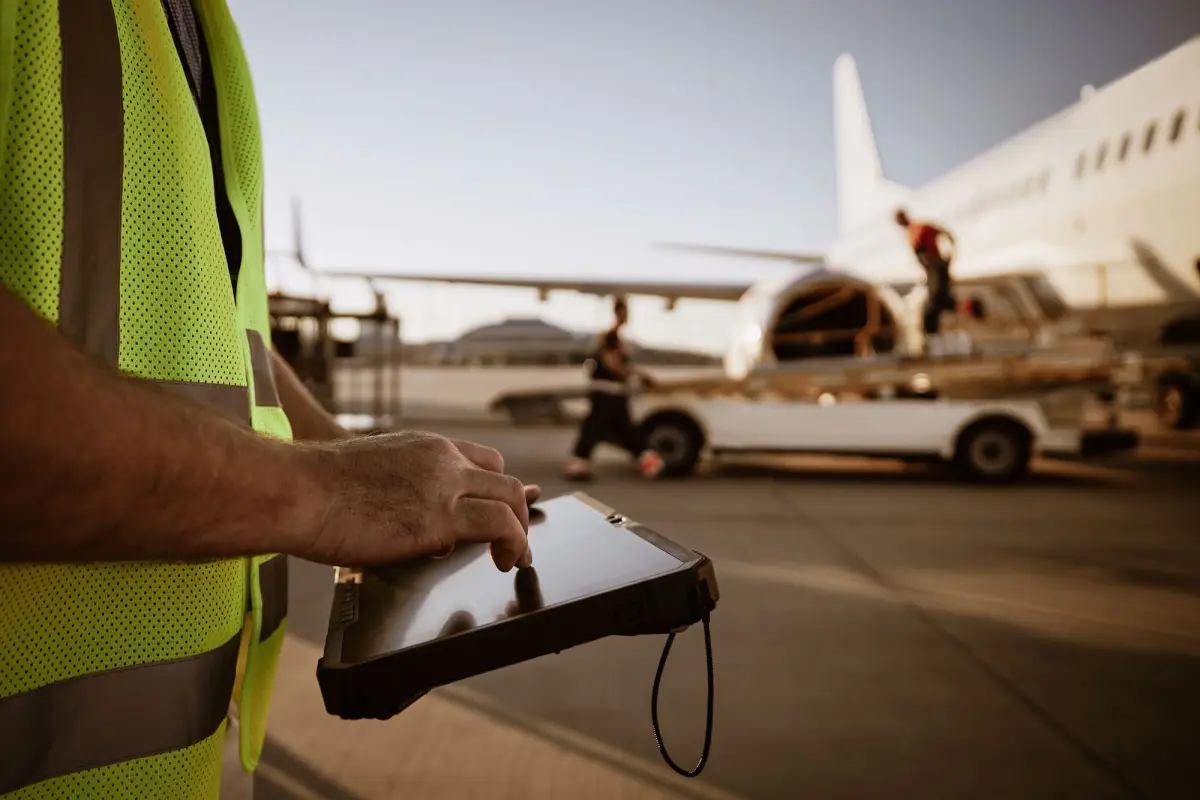 man with ipad working with aeroplane