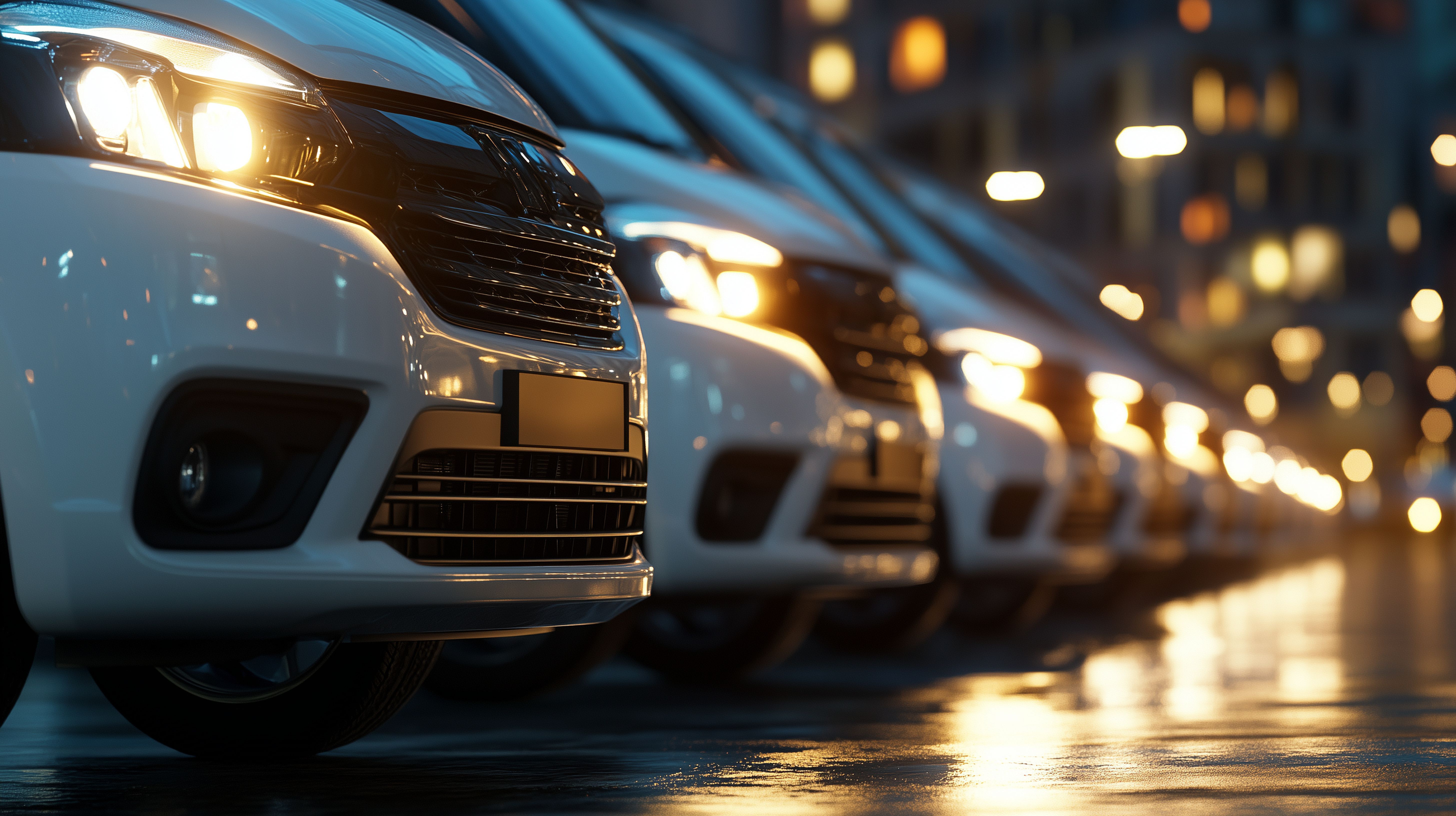 Fleet of vans lined up at night