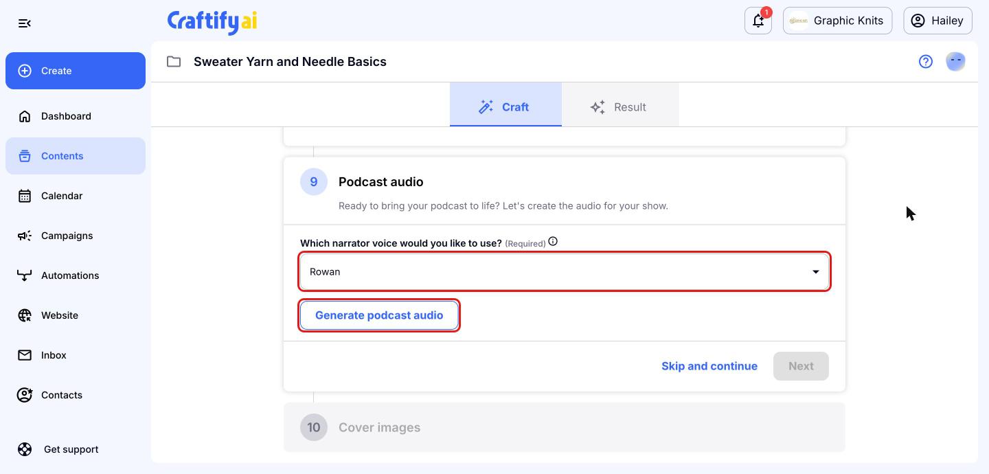 Podcast audio step with the narrator voice field and 'Generate podcast audio' button highlighted