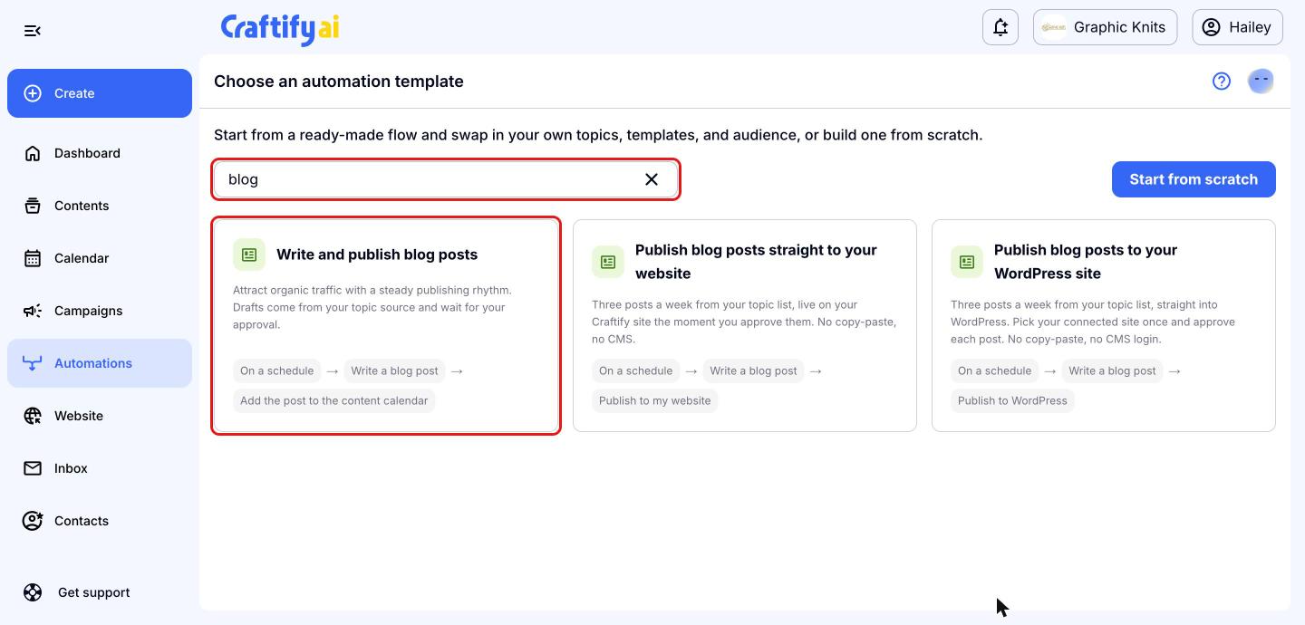 Automation templates filtered by blog with the Write and publish blog posts template highlighted in red