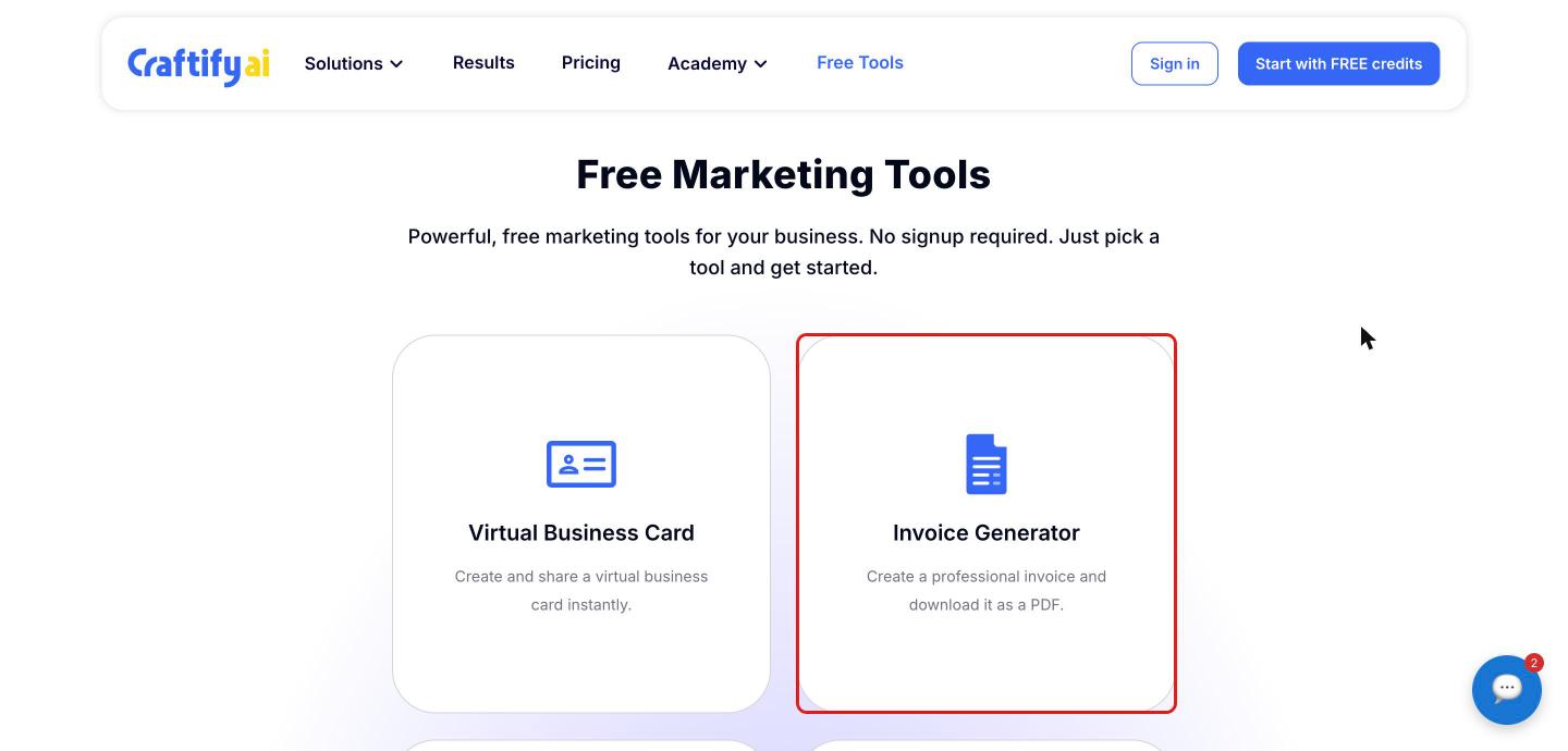 Free Marketing Tools page with the 'Invoice Generator' card highlighted