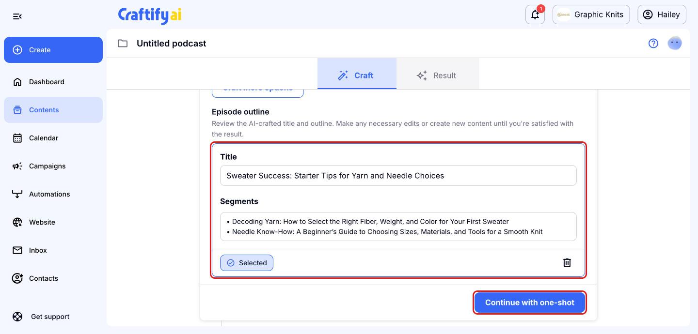 AI-crafted episode outline and the Continue with one-shot button highlighted in red boxes