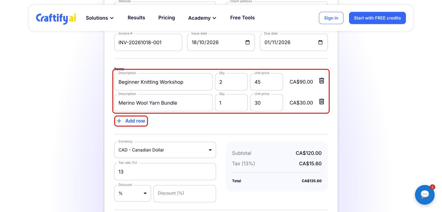 Line items with description, quantity and unit price fields and the 'Add row' button highlighted