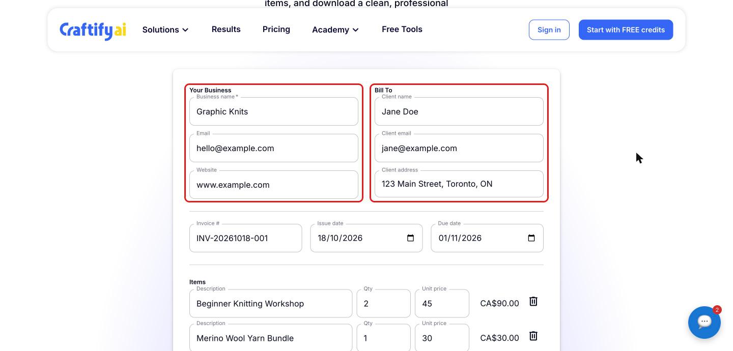 Invoice Generator form with the 'Your Business' and 'Bill To' sections highlighted