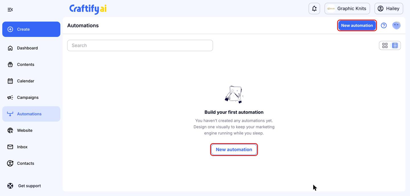 Automations page with the New automation buttons highlighted in red boxes