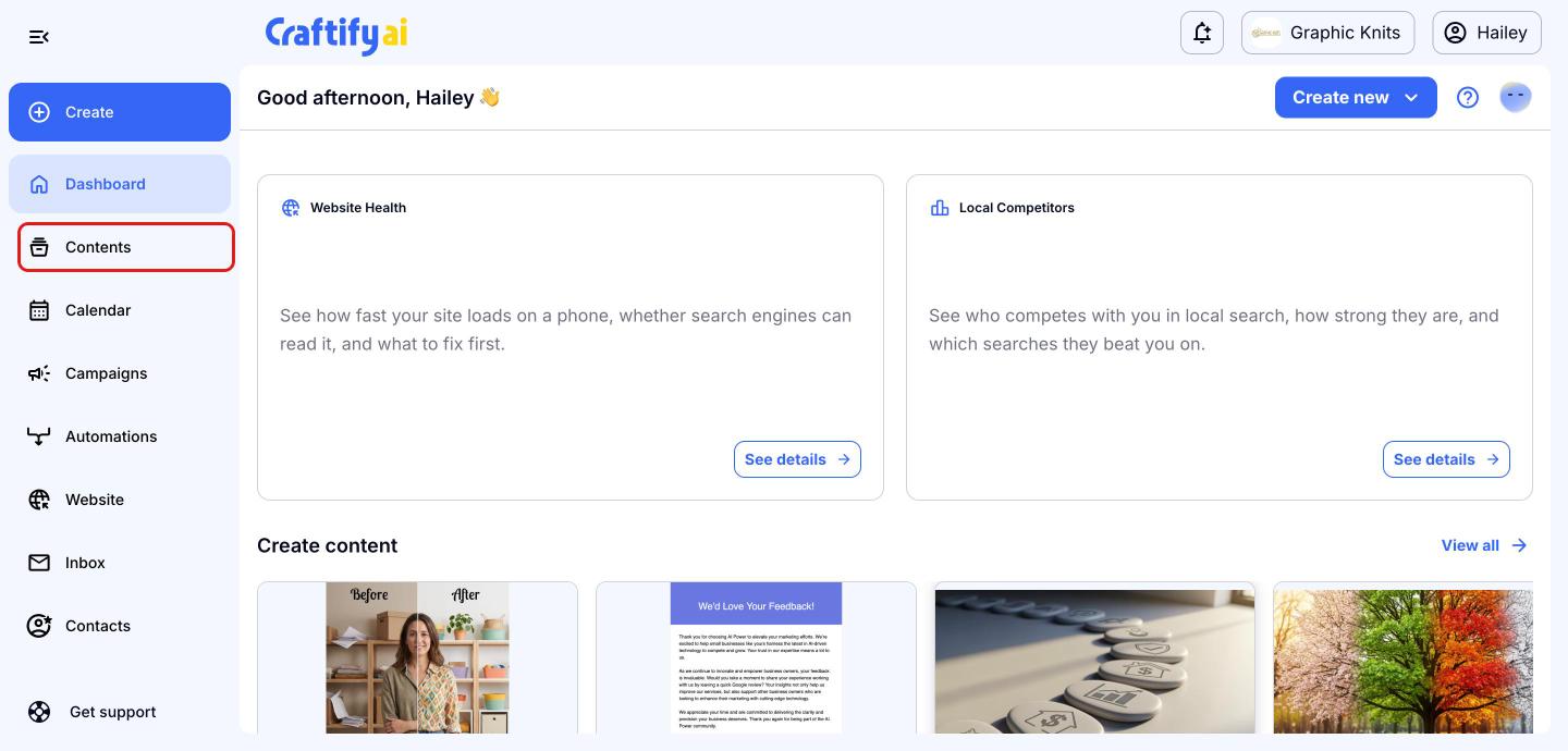 Craftify AI dashboard with the Contents menu item highlighted in a red box
