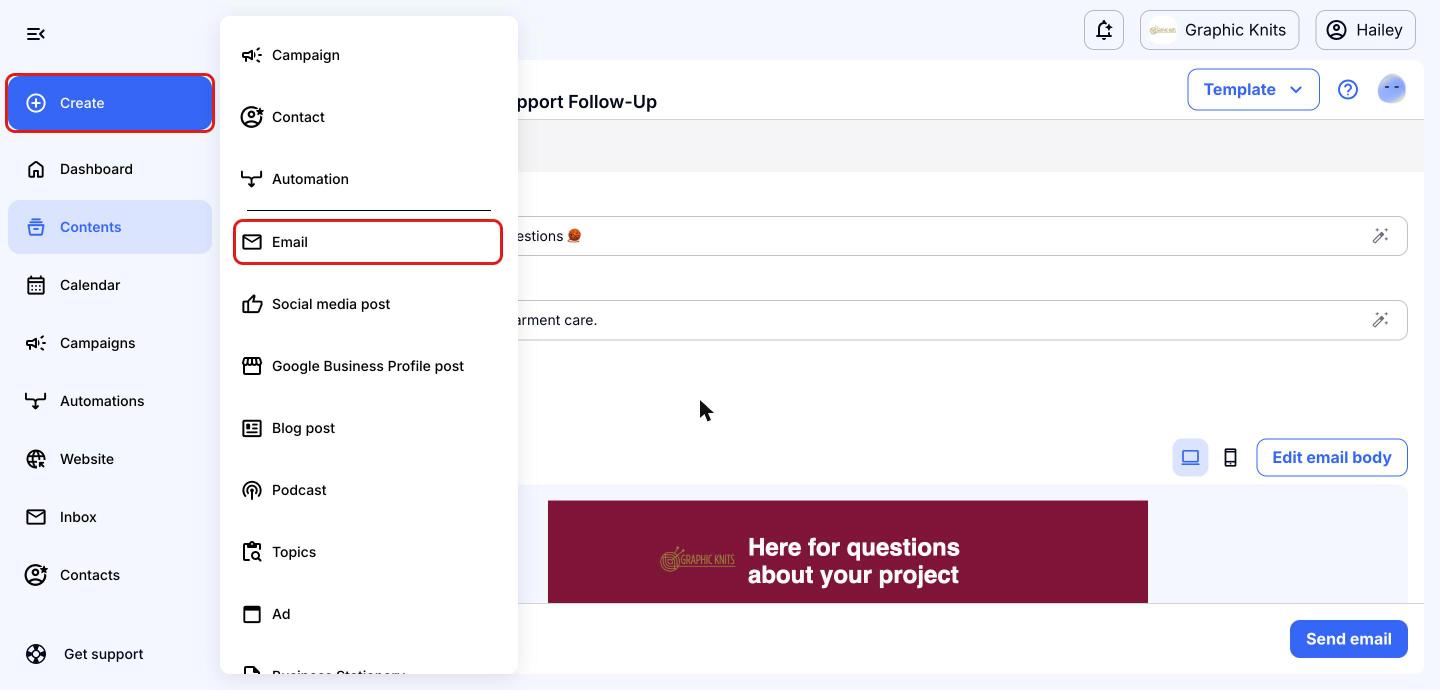 Create menu open with the Create button and the Email option highlighted in red boxes