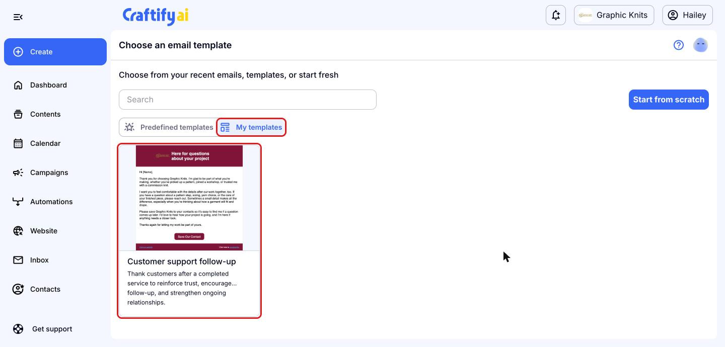 Choose an email template page with the My templates tab and a saved template highlighted in red boxes