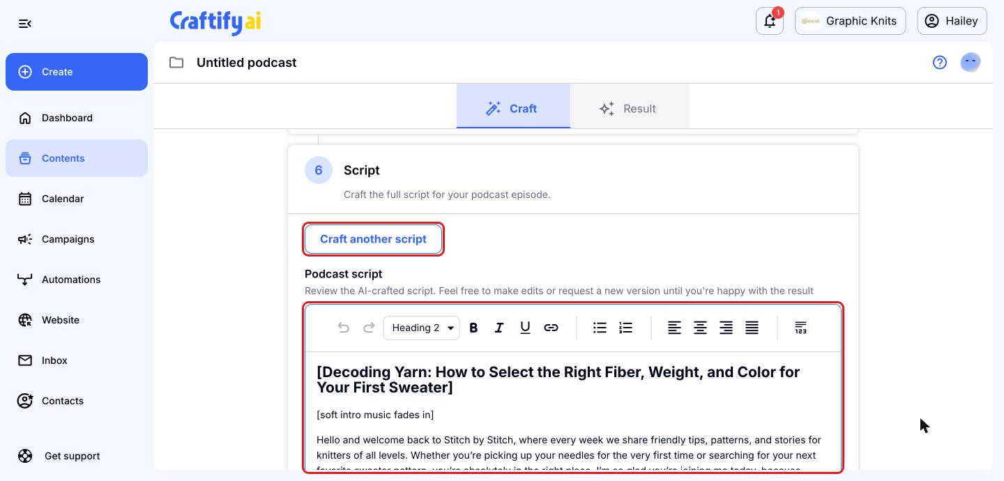 Script step with the Craft another script button and the podcast script editor highlighted in red boxes
