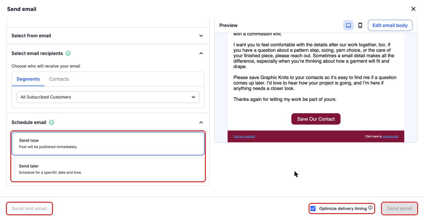 Send email window with Schedule email options, Send test email, Optimize delivery timing and Send email highlighted
