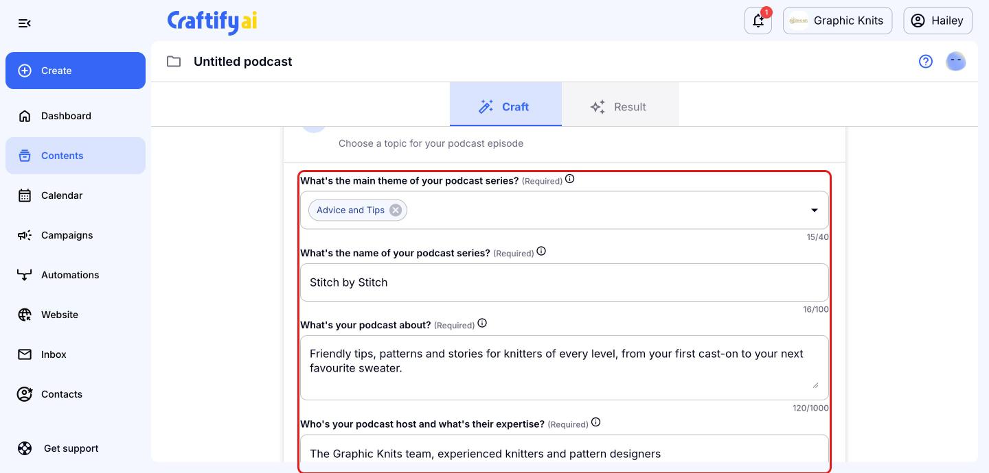 Podcast series details with theme, series name, description and host fields highlighted in a red box