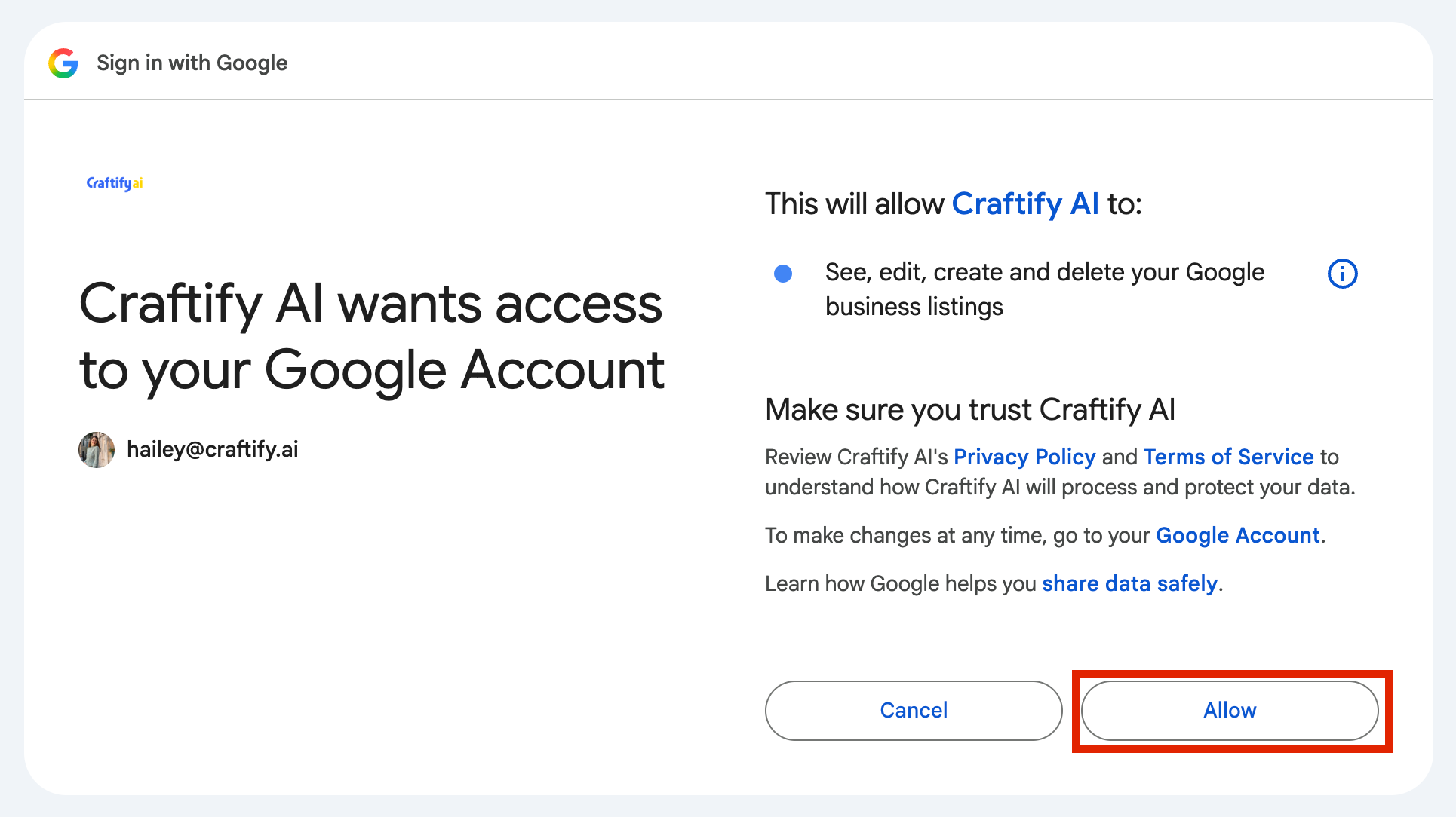 Google Business Integration Tutorial – Accept the Terms from Google to set up the Integration by choosing 'Allow'
