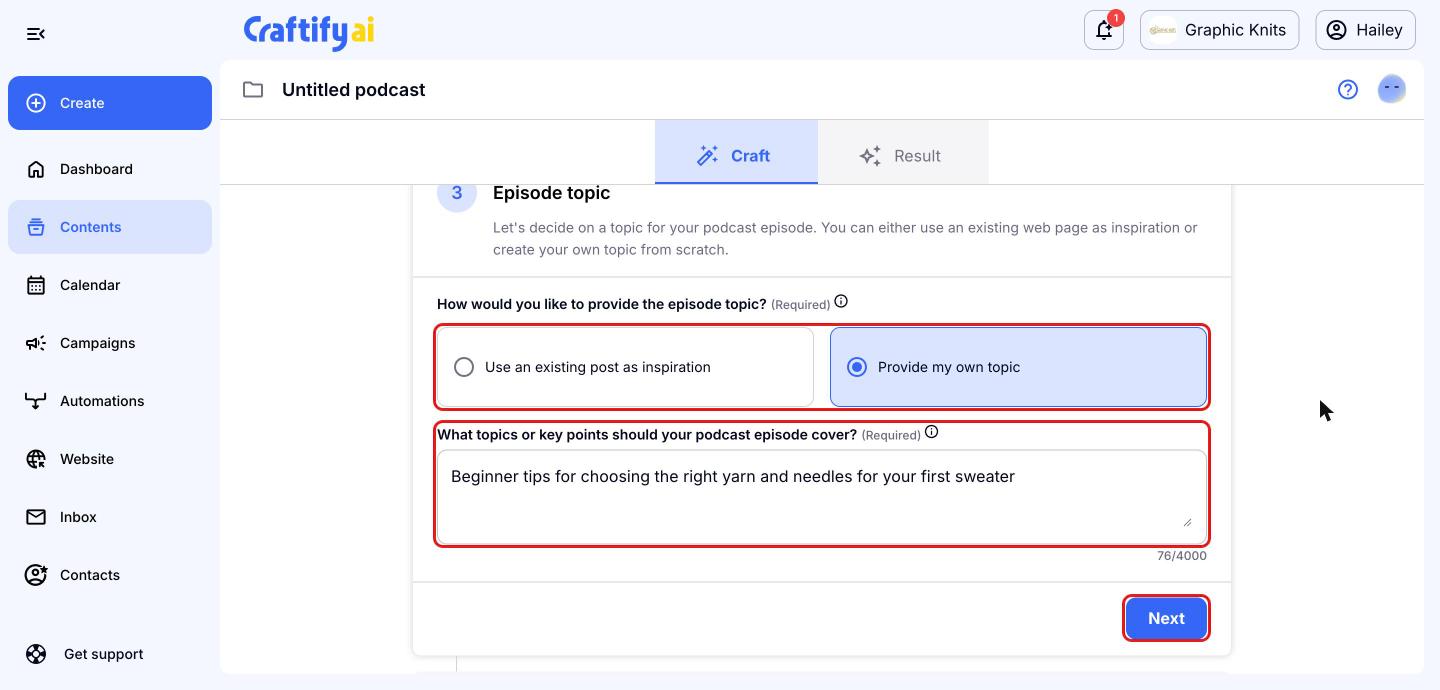 Episode topic step with topic options, key points box and Next button highlighted in red boxes