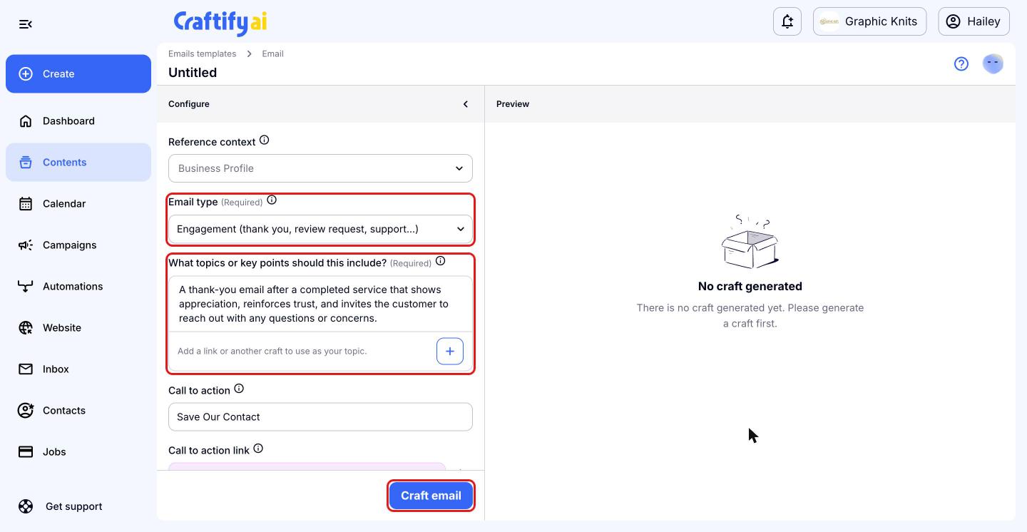 Email Configure panel with Email type, topics and the Craft email button highlighted