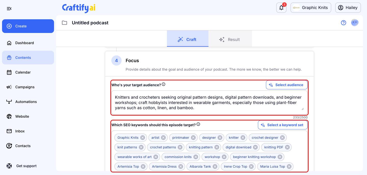 Focus step with target audience and SEO keywords highlighted in red boxes