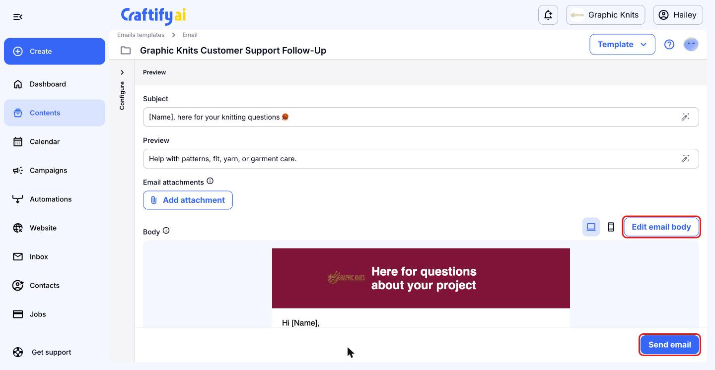 Crafted email with the Edit email body and Send email buttons highlighted