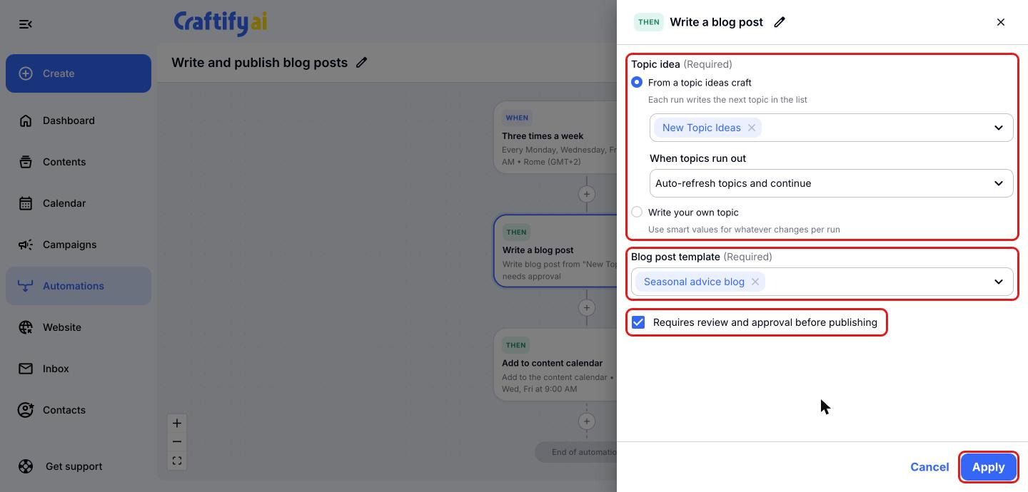 Write a blog post step with topic, blog template and approval settings highlighted in red boxes