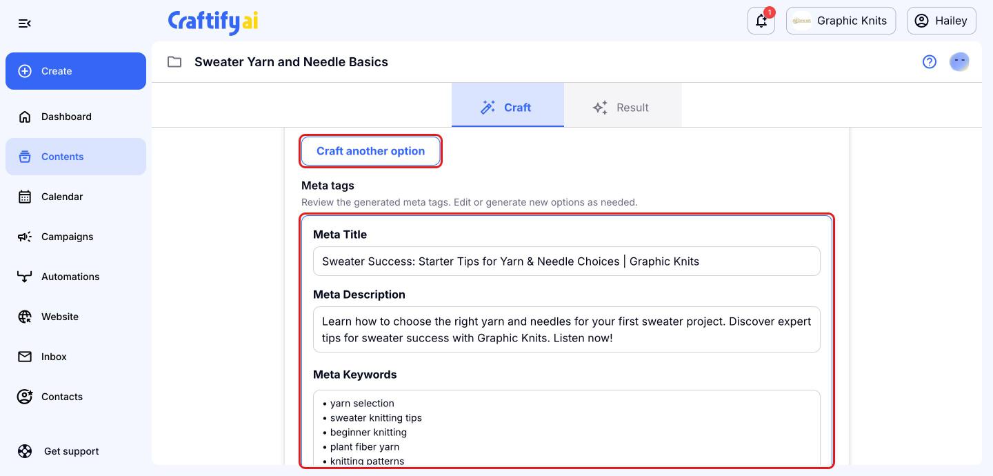 SEO meta tags step with 'Craft another option' and the meta title, description and keywords highlighted