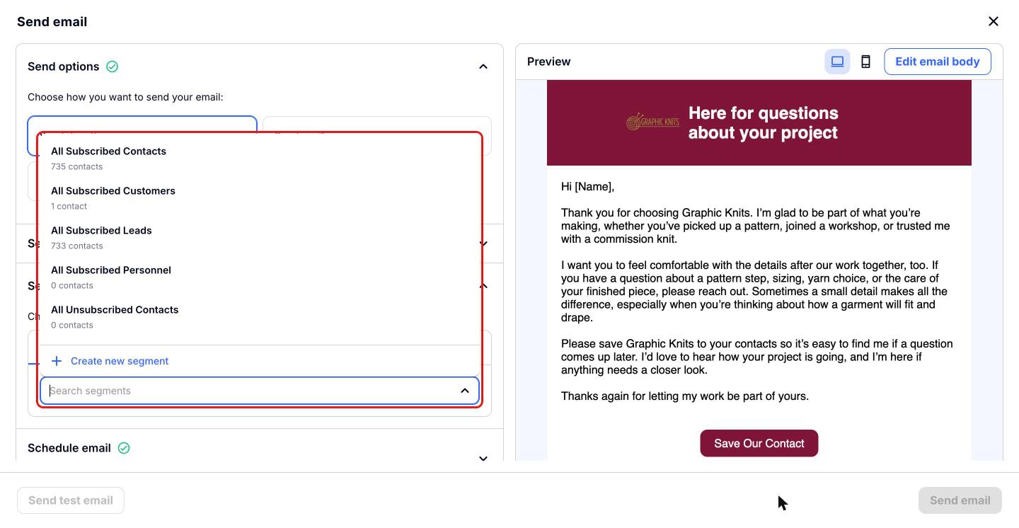 Select email recipients with the list of segments highlighted