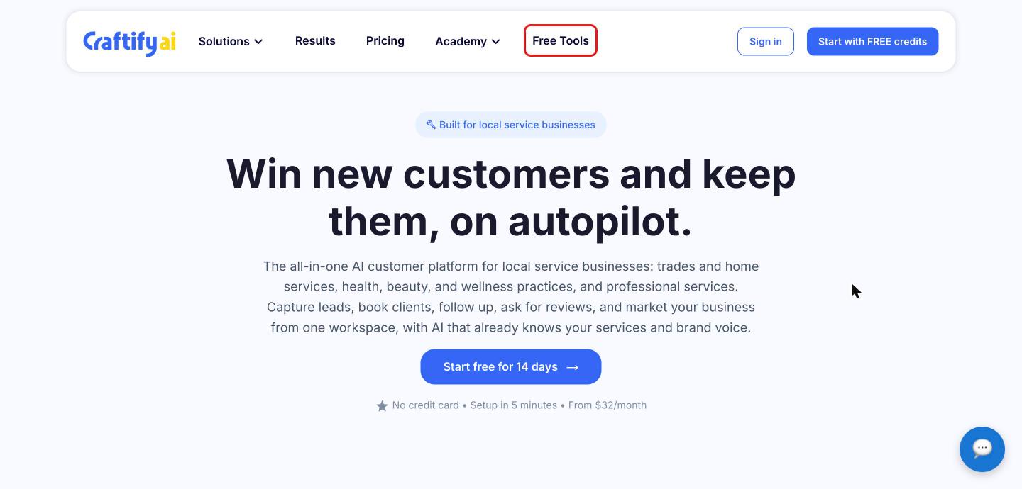 Craftify AI homepage with 'Free Tools' in the top menu highlighted
