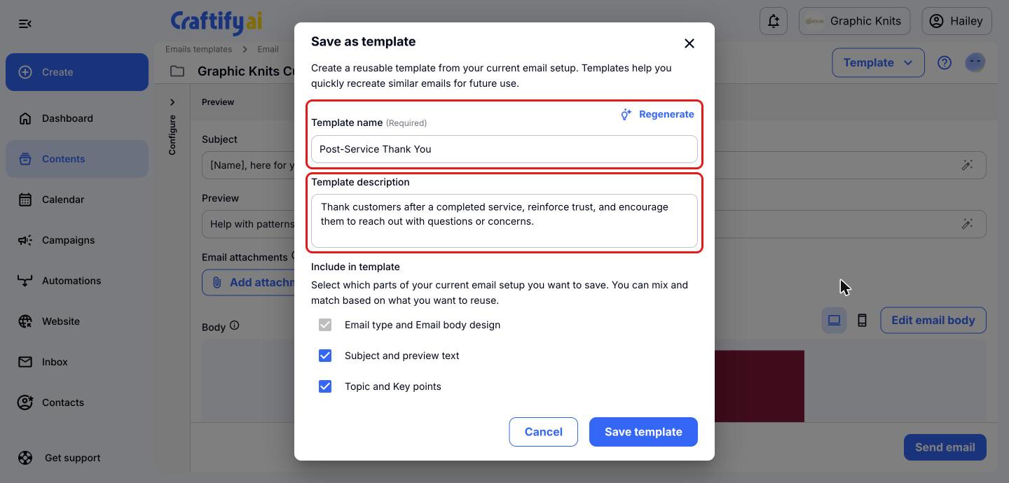 Save as template dialog with the Template name, Regenerate button and Template description highlighted in red boxes