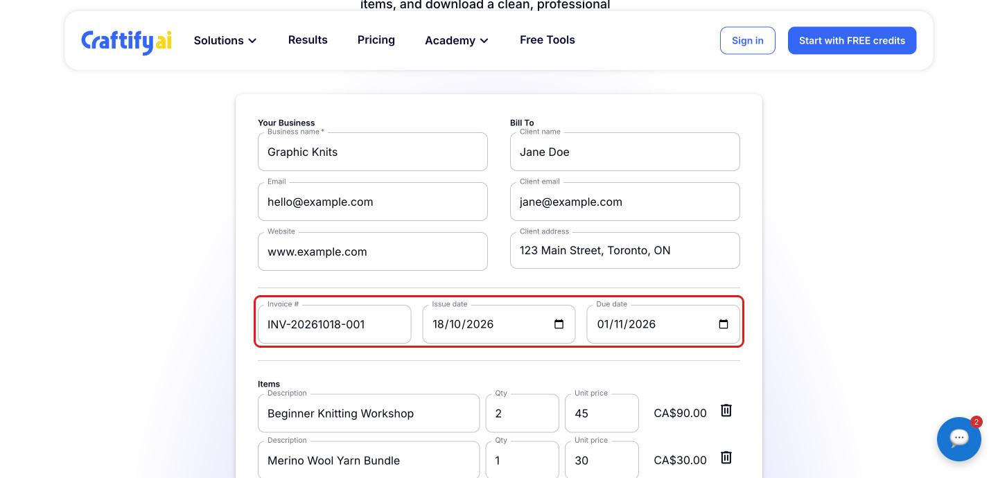 Invoice number, issue date and due date fields highlighted