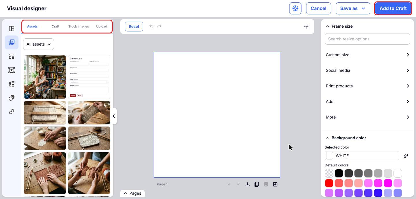 Visual designer with the image source tabs and 'Add to Craft' button highlighted