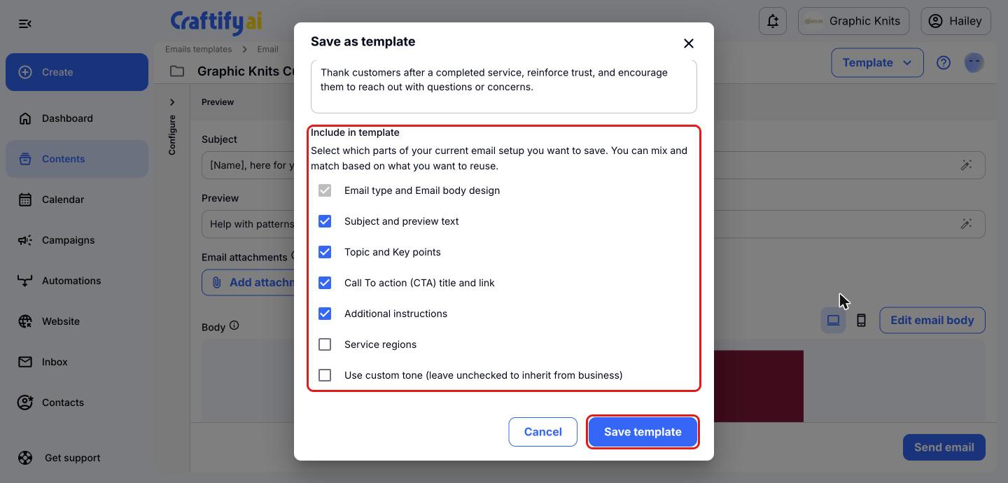 Include in template checkboxes and the Save template button highlighted in red boxes