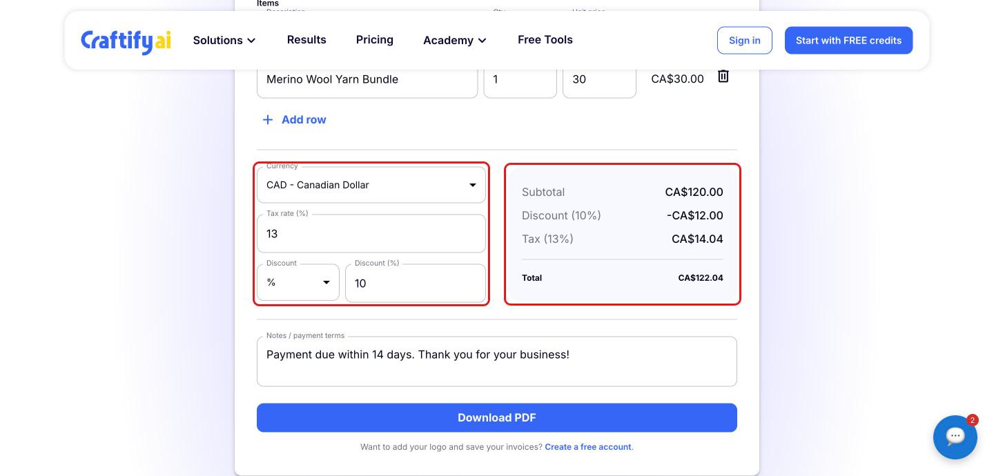 Currency, tax rate and discount fields and the invoice totals highlighted