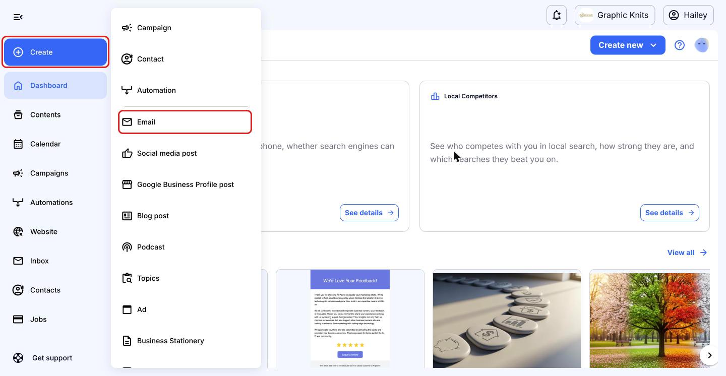 Craftify AI dashboard with the Create button and Email option highlighted