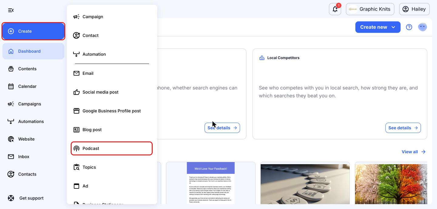 Create menu with the Create button and the Podcast option highlighted in red boxes