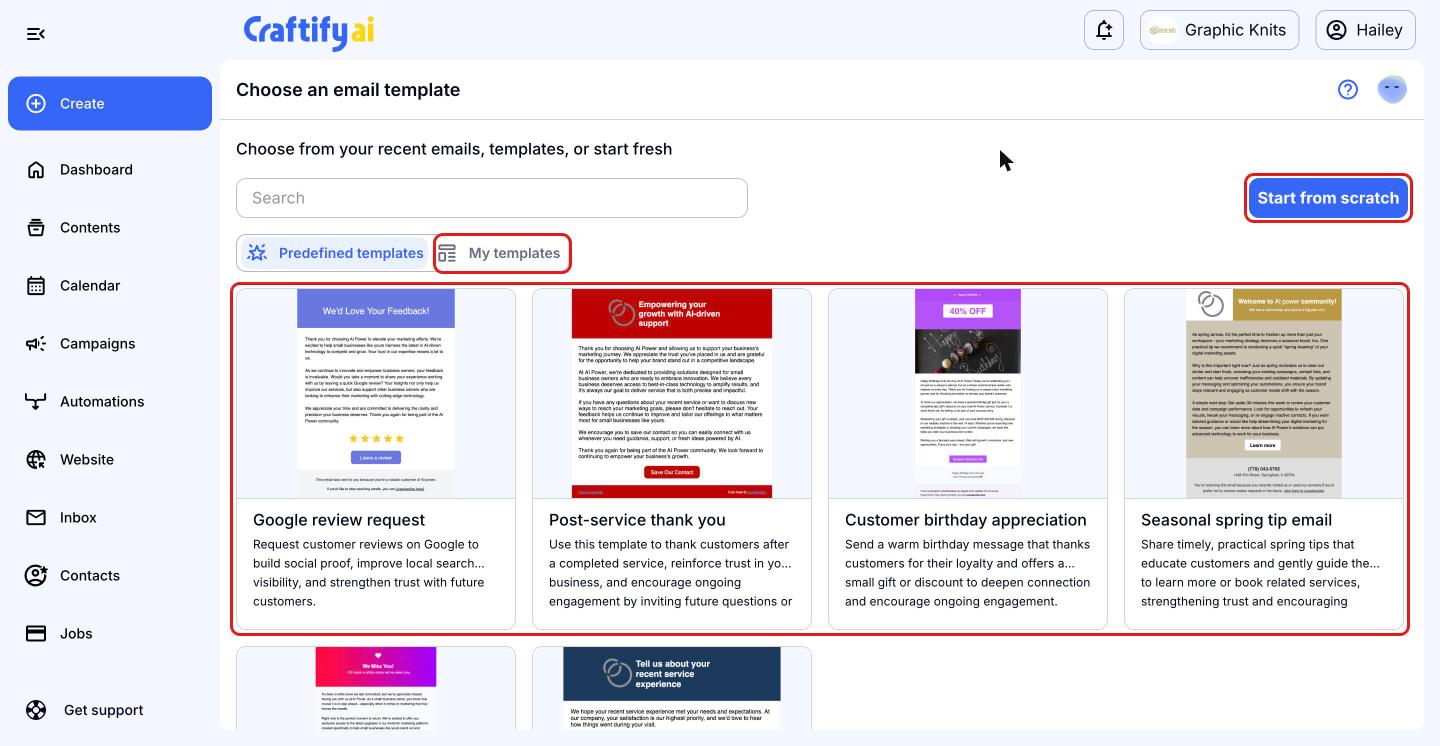 Email templates with the template cards, My templates and Start from scratch highlighted