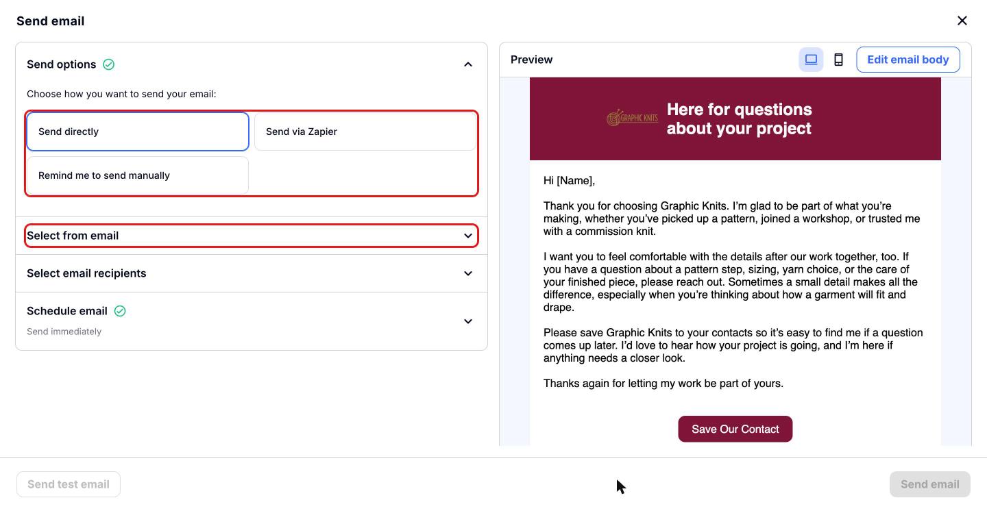 Send email window with Send options and Select from email highlighted
