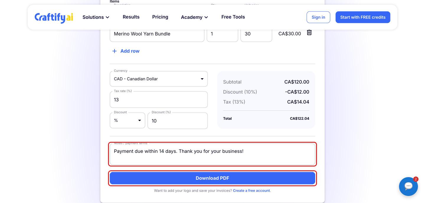 Notes / payment terms field and the 'Download PDF' button highlighted