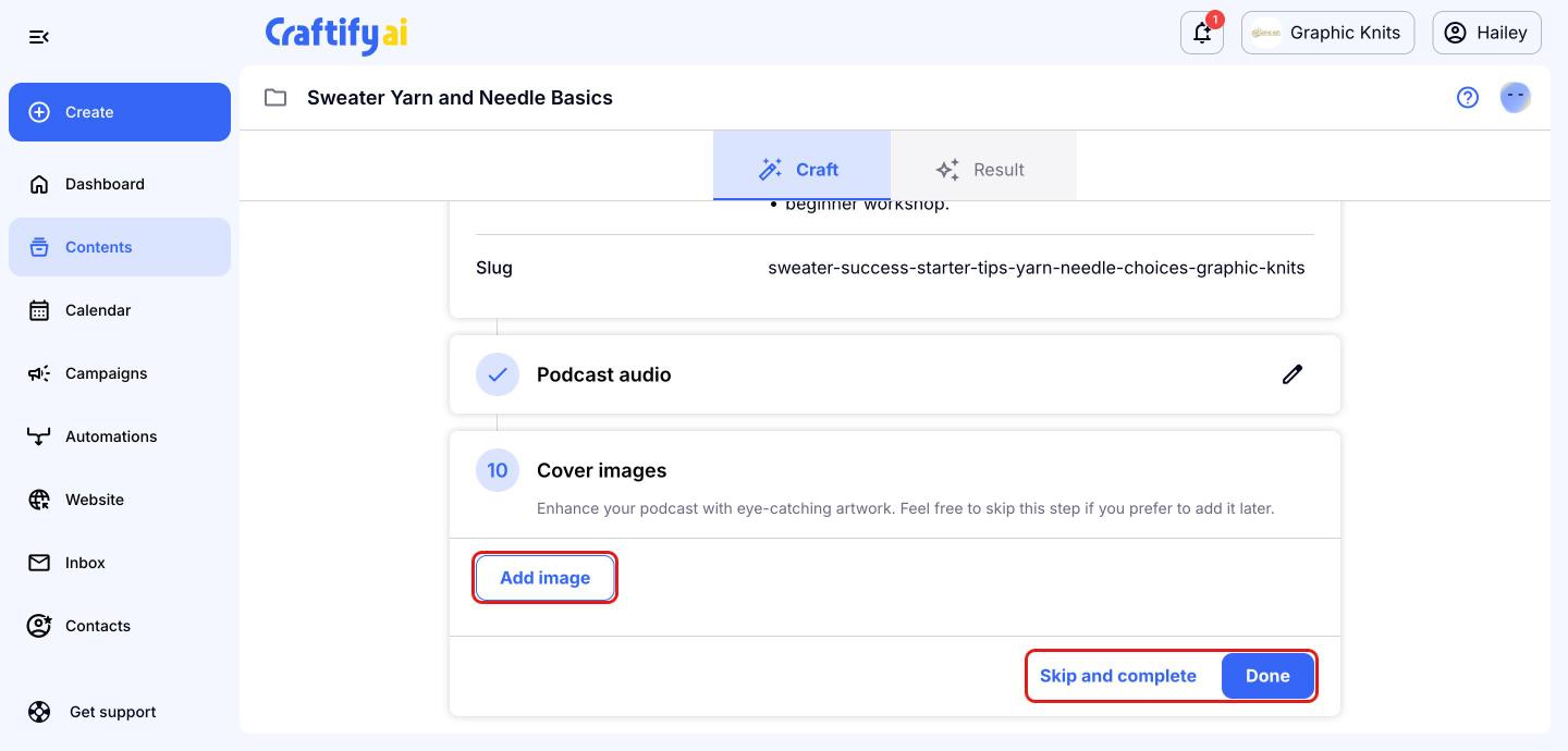 Cover images step with 'Add image', 'Skip and complete' and 'Done' highlighted