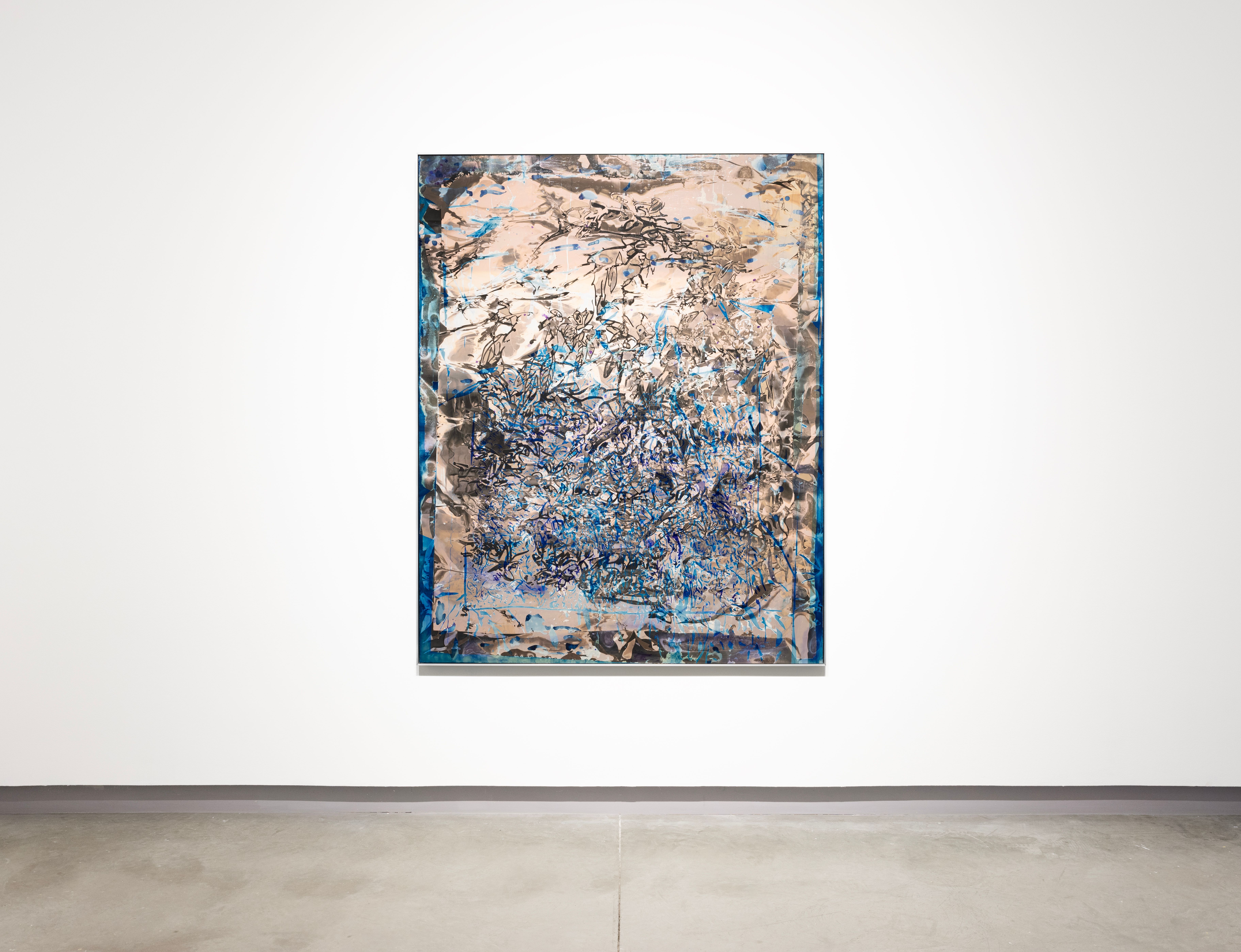 ENTER: installation view of a blue, tan, and black expressionist painting.