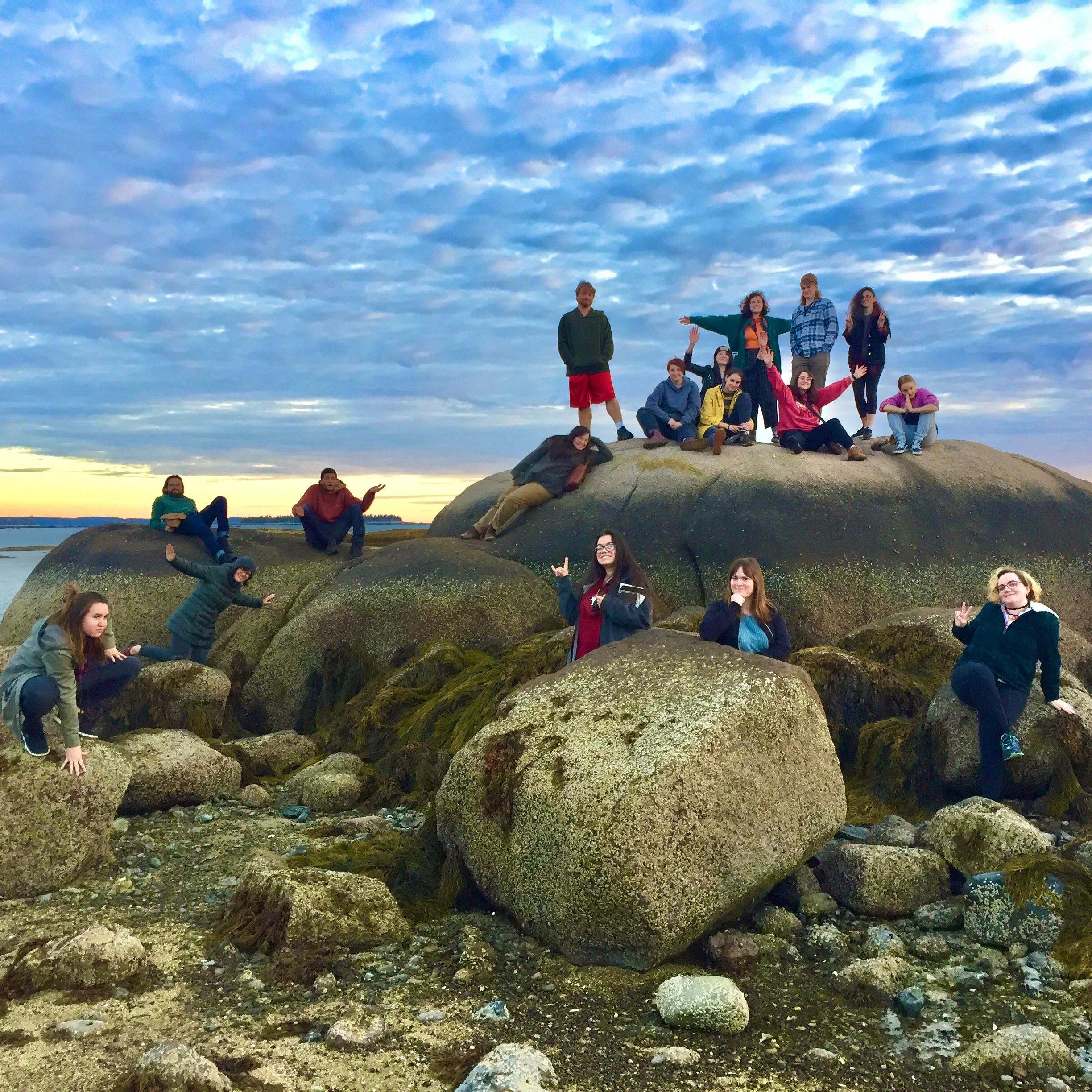 A group of students posing on boulders at the beach.