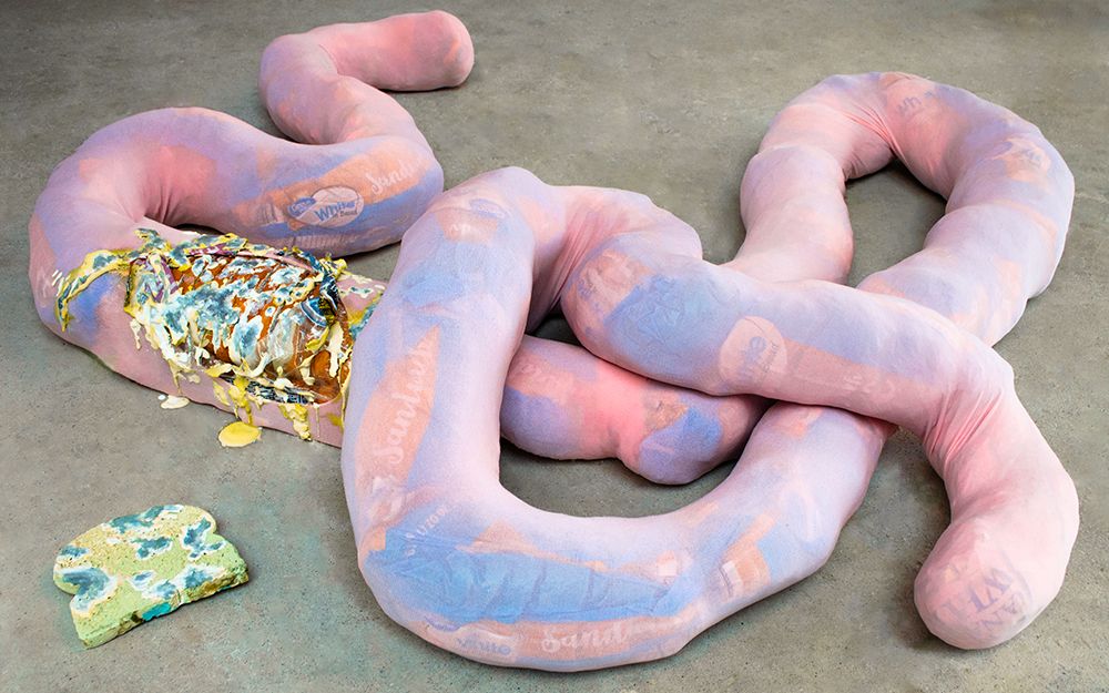 A sculpture made from pink pantyhose stuffed with plastic.