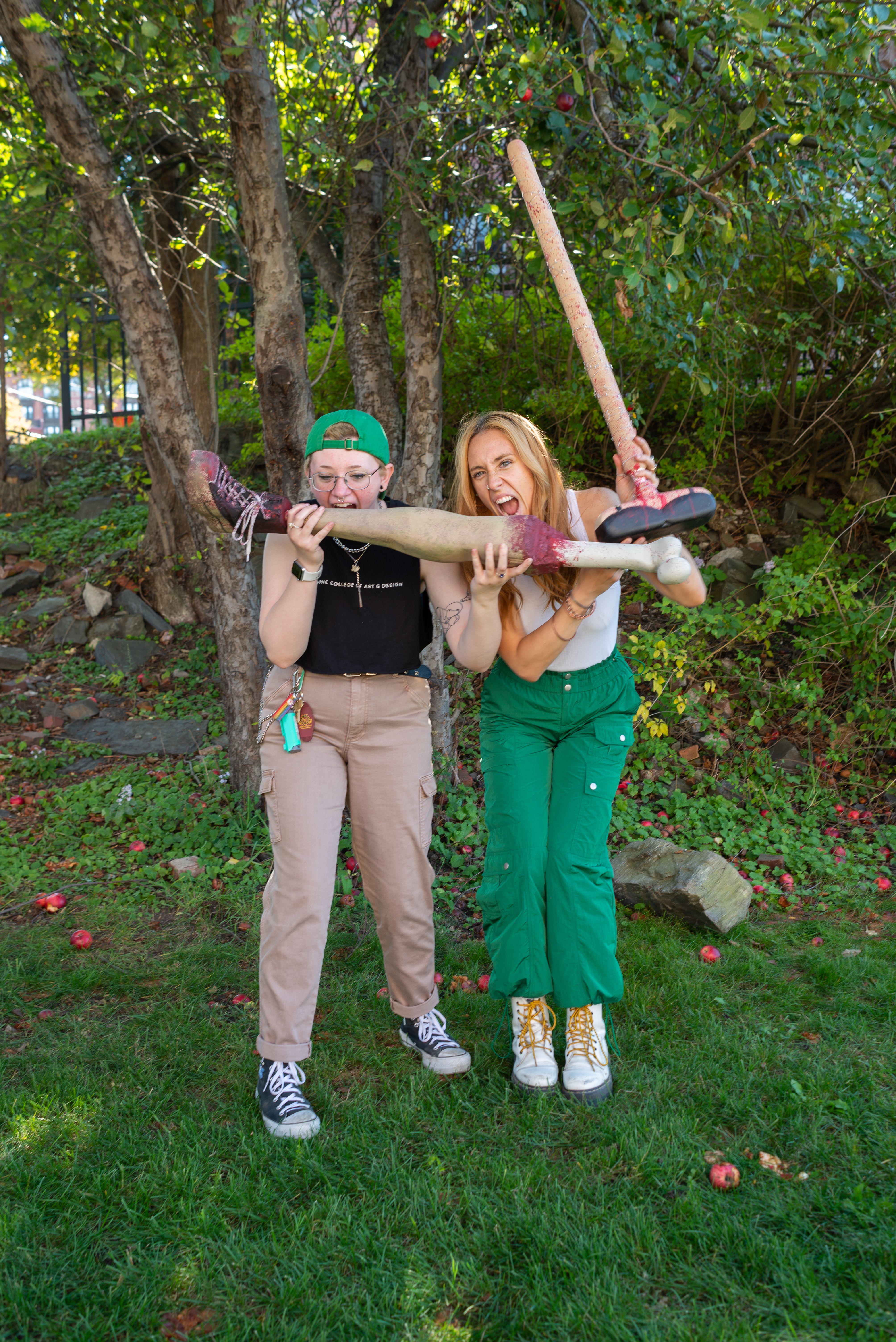 Students testing out their handmade croquet mallets.