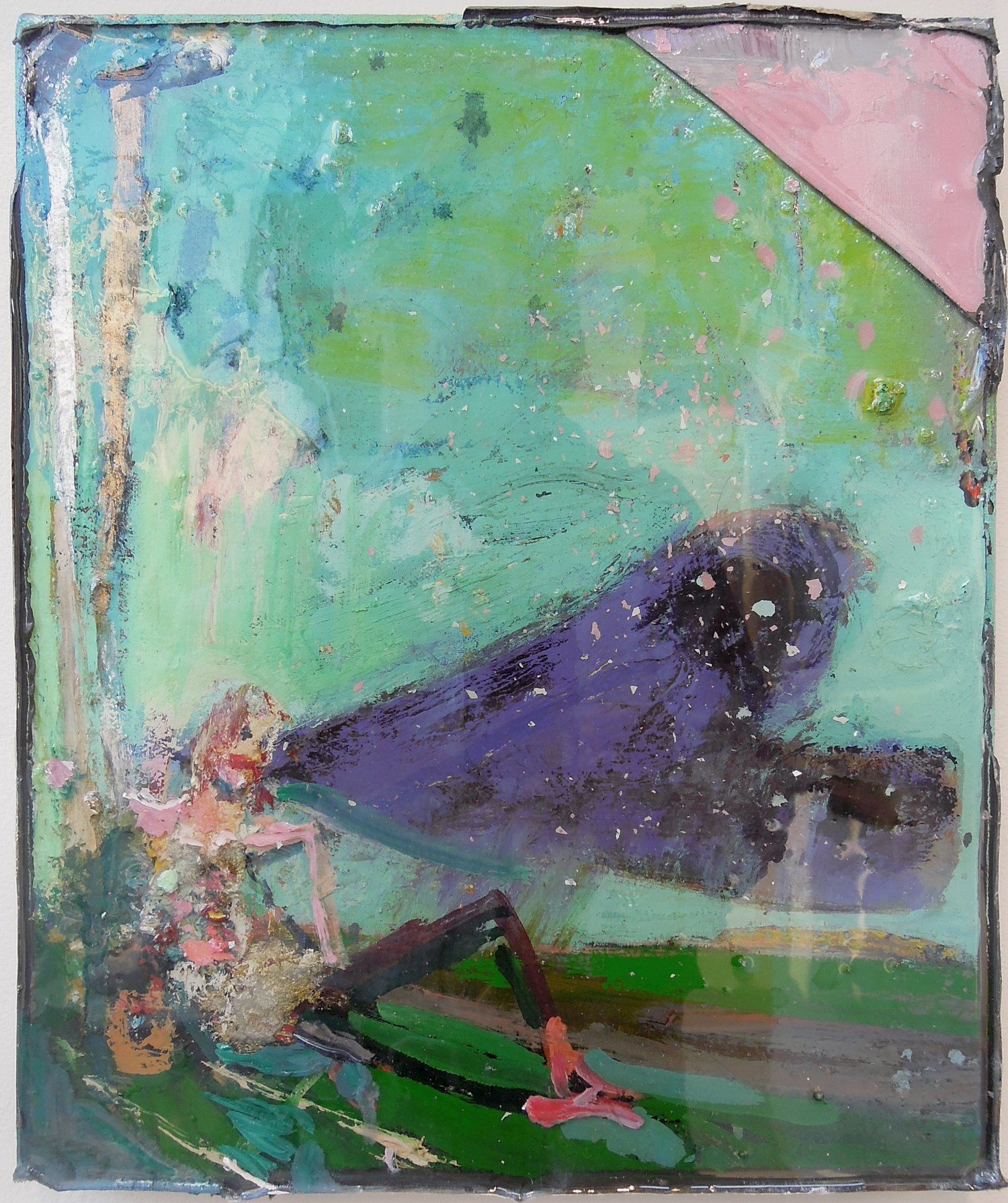 Painting of a figure breathing out purple smoke while reclined on green grass.