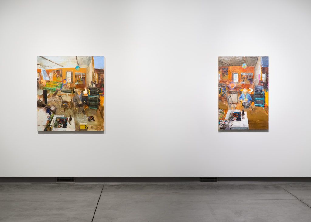 Two paintings, each different views of the same orange room.