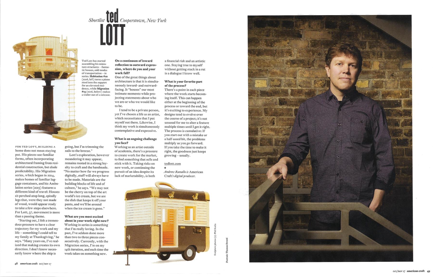 magazine spread with a photo of artist Ted Lott on one page and 4 columns of text and image of his work on the facing page